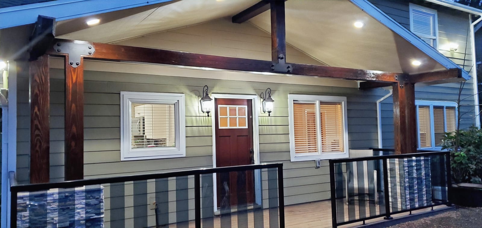 Covered front porch entrance in the evening
