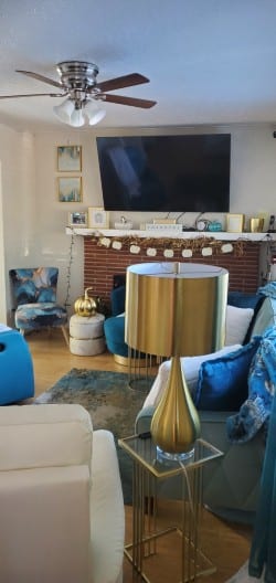Living room with ceiling fan and gold lamp